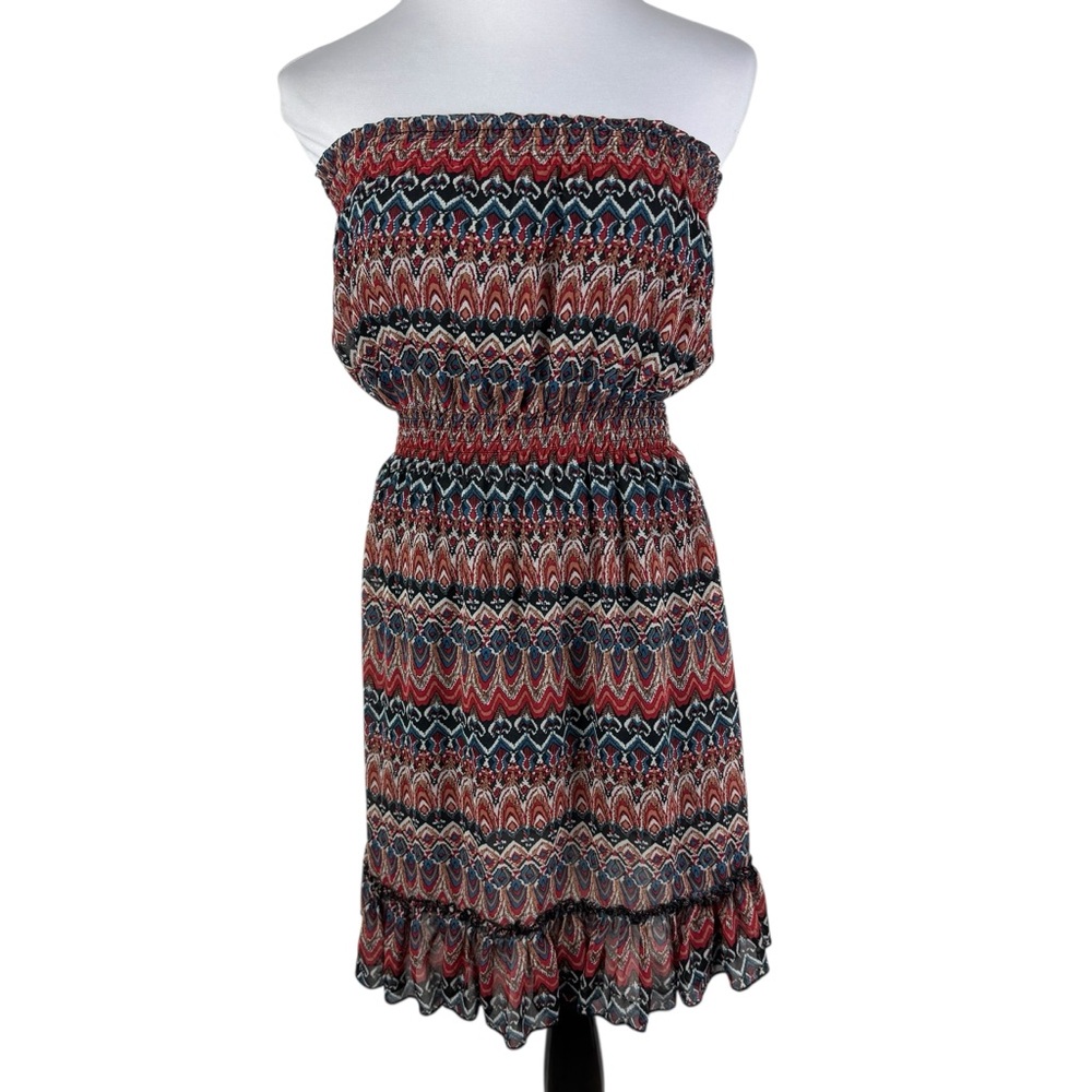 Deb Strapless‎ Multicolor Patterned Ruffle Hem Lined Dress Women's Medium Brown